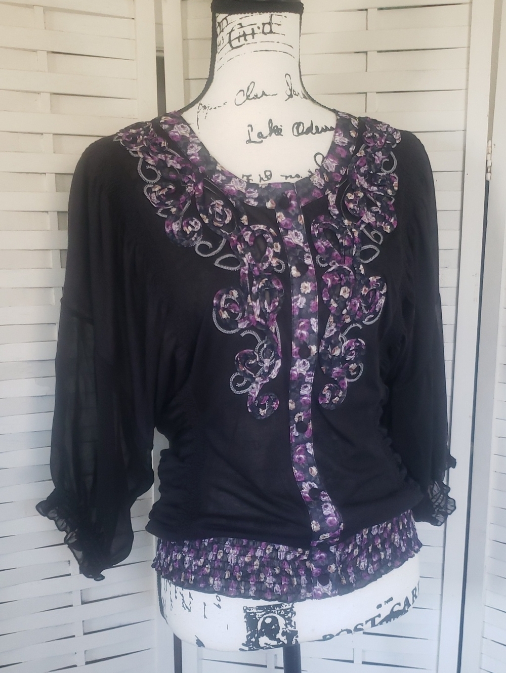 Janet Paris Black And Purple Women's Floral-Trim Blouse with Embroidered Detail
